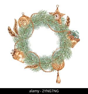 Cordone di abete con aghi verdi, palle di Capodanno, regali, ingranaggi, catene, illustrazione ad acquerello di piume e orologi. Piante forestali per l'inverno Foto Stock