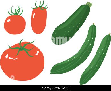 Set illustrativo di verdure estive con pomodori, zucchine e cetrioli. Design piatto. Illustrazione Vettoriale