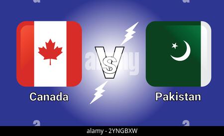 Bandiere vettoriali Canada vs Pakistan con illustrazione 3D in rettangolo ombreggiato e arrotondato con Flash vs Match Illustrazione Vettoriale