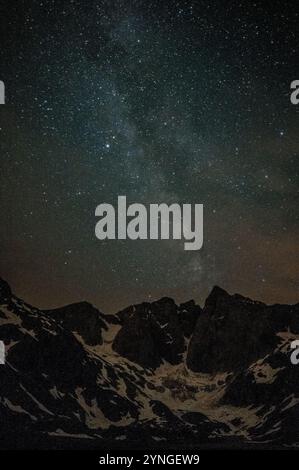 Via Lattea sul massiccio del Vignemale in una notte d'estate, vista dal rifugio Oulettes de Gaube (Occitania, Francia, Pirenei) Foto Stock