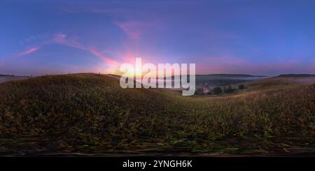 Visualizzazione panoramica a 360 gradi di Sferica a 360 gradi panorama senza giunture in proiezione equirettangolare, panorama del paesaggio naturale sul fiume sunrise. VR contenuto dal livello del suolo.