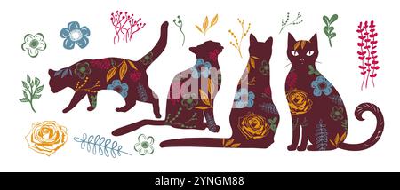 Set di silhouette di gatto con fiori. Non ai, illustrazione vettoriale Illustrazione Vettoriale