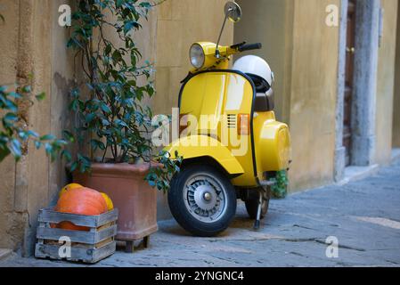 PYENZA, ITALIA - 22 SETTEMBRE 2017: Scatola con zucche arancioni, pianta verde e scooter giallo al muro della vecchia casa Foto Stock