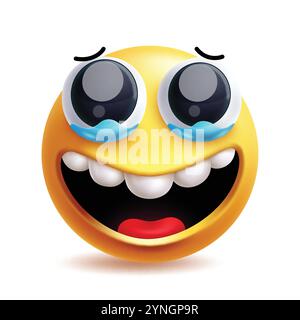 Fiero personaggio della clipart emoji. Personaggio emoji 3d in espressioni facciali felici, felici, gioiosi, piangenti e deliziose elementi grafici con icone gialle. Illustrazione Vettoriale