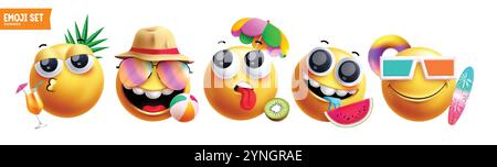 Set di caratteri clipart emoji estivi. Icona gialla emoji personaggio 3d con elementi da spiaggia ed espressioni facciali per un design grafico delle feste natalizie. Illustrazione Vettoriale