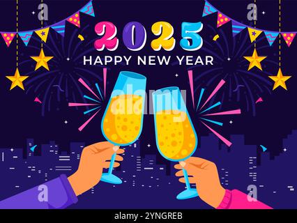 Happy New Year 2025 Celebration Vector Illustration con trombe, fuochi d'artificio, nastri e Confetti per una festosa festa nazionale sullo sfondo Illustrazione Vettoriale