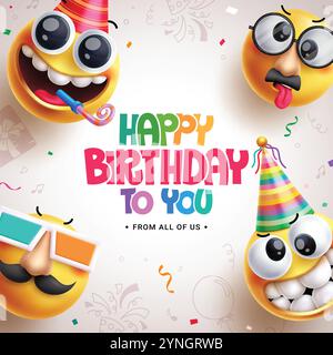 Appunti del biglietto di auguri di compleanno delle emoji. Buon compleanno a voi testo in doodle spazio vuoto sullo sfondo con personaggi emoji per la festa dei bambini. Vettore Illustrazione Vettoriale