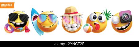 Set di caratteri clipart emoji estivi. Personaggio emoji con occhiali da sole, cappello, elementi da spiaggia con espressioni facciali per le feste natalizie. Vettore Illustrazione Vettoriale