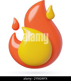 Fuoco fuoco simpatico emoji 3D. Simbolo di combustione a caldo illustrazione vettoriale tridimensionale isolata su sfondo bianco. Illustrazione Vettoriale