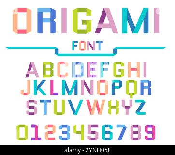 Alfabeto cartaceo multicolore. Strisce e nastri piegati. Design dei caratteri in stile Origami. Lettere maiuscole e numeri. Colore latino ABC. cr. Maiuscola in cartone Illustrazione Vettoriale