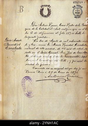 Certificado de defunción de Remedios de Escalada. Foto Stock