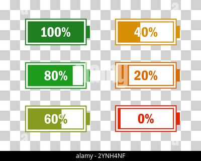 Set di icone livello energia batteria. Batterie completamente piene e completamente scariche. Concetto di riutilizzo dell'energia. Etichette alcaline. Punto di ricarica della batteria, ricarica Illustrazione Vettoriale