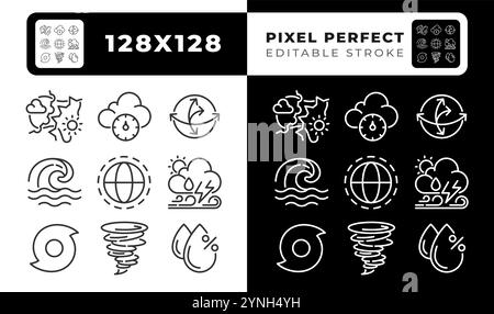 Le icone lineari relative alle condizioni meteorologiche sono impostate per la modalità buia e chiara Illustrazione Vettoriale