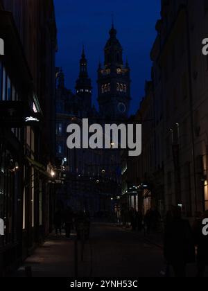 Splendida foto di Lille di notte, incrocio tra Rue du cure Saint-Etienne e Rue Lepelletier, con la torre dell'orologio di le Palais De la Bourse davanti Foto Stock