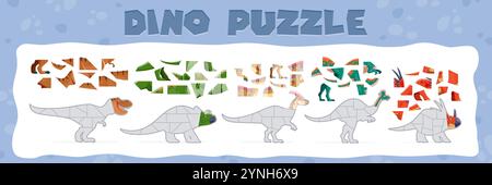 Gioco per bambini, puzzle di animali preistorici dinosauri labirinto foglio di lavoro vettoriale. Cartoni animati tyrannosaurus rex, styracosaurus, lambeosaurus e avaceratops personaggi animali dinosauri che corrispondono a quiz Illustrazione Vettoriale