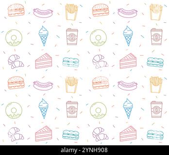 Motivo senza cuciture con icone colorate delle linee di fast food, illustrazione vettoriale eps10 Illustrazione Vettoriale