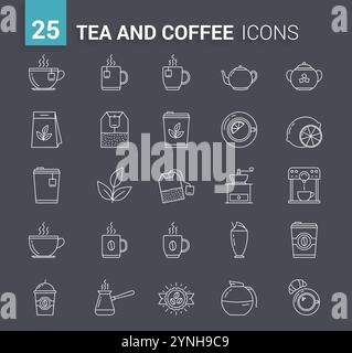 25 icone della linea del tè e del caffè su sfondo scuro, illustrazione vettoriale eps10 Illustrazione Vettoriale