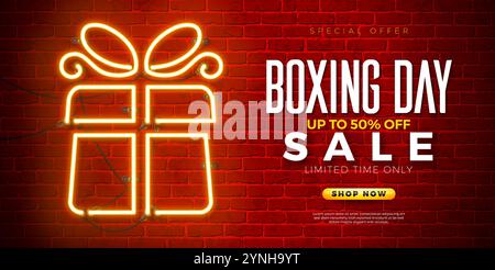 Design a saldi il giorno di Santo Stefano con simbolo della scatola regalo con luce al neon brillante su sfondo in mattoni d'epoca. Illustrazione aziendale di Holiday Vector con Special Illustrazione Vettoriale