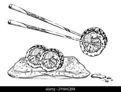 Sushi di cibo giapponese su bacchette, piatto di ceramica con pesce crudo unagi nori avocado sesamo con ciotola di salsa di soia, disegnato a mano in penna vettoriale, inchiostro Illustrazione Vettoriale
