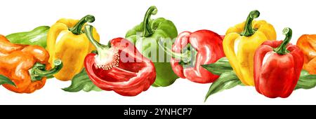 Peperone dolce multicolore con bordo senza cuciture. Illustrazione dipinta a mano ad acquerello, isolata su sfondo bianco Foto Stock