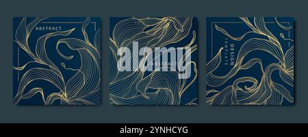 Set vettoriale di motivi floreali oro, foglie ondulate di linea carte di lusso, ornamenti vintage di bellezza, sfondi. Eleganti modelli reali. Illustrazione Vettoriale