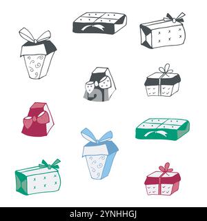 Confezione regalo, grazioso contorno decorativo e set colorato. Linea grafica a doodle disegnata a mano, pennello con inchiostro nero, design piatto in stile cartone animato Illustrazione Vettoriale