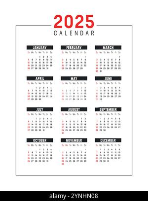 Calendario verticale nero rosso anno 2025 su sfondo bianco, modello vettoriale in inglese Illustrazione Vettoriale