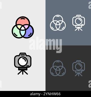 Ruota e fotocamera a colori su un treppiede: Un set di icone pulite e moderne per la fotografia e la videografia. Illustrazione Vettoriale
