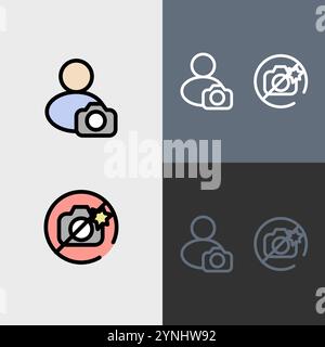 Avatar con una fotocamera e non è consentito scattare fotografie: Set di icone pulite e moderne per la fotografia e la videografia. Illustrazione Vettoriale