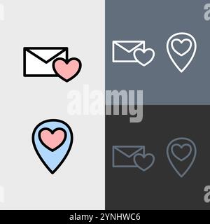 Love letter e Love location - un set di icone moderno e pulito. Illustrazione Vettoriale