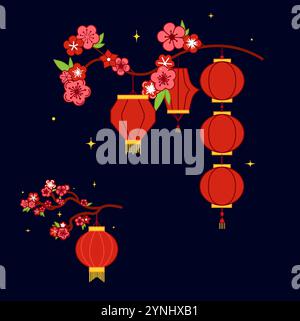 Buon design per il nuovo anno con lanterne appese sullo stile grafico del ramo sakura, set di composizione vettoriale Illustrazione Vettoriale