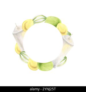 Cornice rotonda di Pasqua con uova gialle, verdi e a strisce e candele bianche con acquerello. Corona primaverile con felice simbiosi di Pasqua Foto Stock