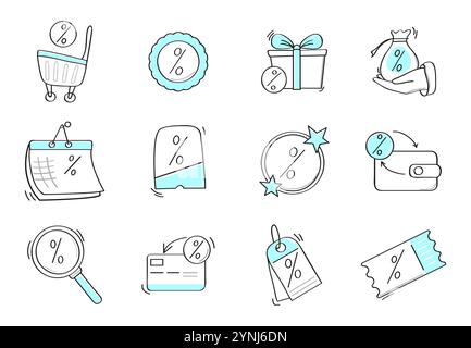 Set vettoriale di icone di sconto in stile doodle, con elementi disegnati a mano come simboli percentuali, coupon di vendita al dettaglio e disegni di linee artistiche. Illustrazione Vettoriale
