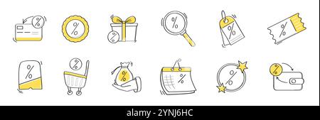Set di icone di sconto in stile Doodle con percentuale disegnata a mano Illustrazione Vettoriale