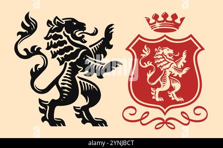 Leone araldico in piedi sulle zampe posteriori con bocca aperta, emblema. Stemma reale, bandiera con corona Illustrazione Vettoriale