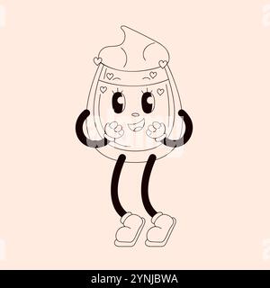 Affascinante personaggio cartoni animati con panna montata e cuori per San Valentino. Perfetto per un design retrò, vivace e divertente in stile art di linea. Illustrazione Vettoriale