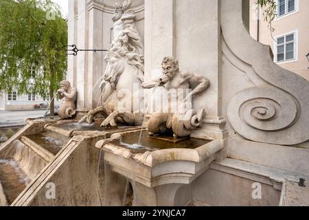 Die Kapitelschwemme auf dem Kapitelplatz in Salzburg, Österreich aus Wikipedia: Die Kapitelschwemme ist eine Pferdeschwemme und ein Brunnen am Kapitel Foto Stock