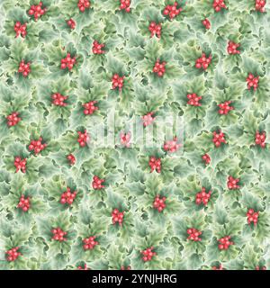 Bacche rosse e foglie verdi di Natale motivo acquerello senza cuciture. Illustrazione del verde disegnata a mano per le vacanze invernali, carta da imballaggio per Capodanno, tessuto, tessuto, scrapbooking. Foto Stock