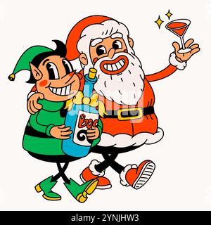 Babbo Natale ubriaco ed elfo. Simpatici personaggi vintage di Babbo Natale e degli elfi che celebrano le vacanze. Ideale per i disegni di adesivi di Natale e Capodanno e. Illustrazione Vettoriale
