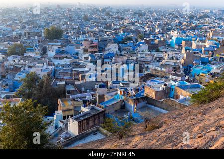 vista della città blu dalla cima della montagna al mattino viene scattata l'immagine di jodhpur, rajasthan india. Foto Stock