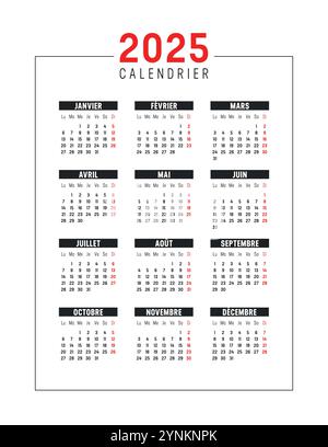 Calendario nero rosso anno 2025 in francese su sfondo bianco, modello vettoriale verticale Francia Illustrazione Vettoriale