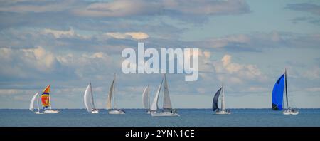 Vista panoramica di numerose barche a vela colorate durante la regata a San Vincenzo, Toscana, Italia. Navigazione competitiva in una giornata limpida Foto Stock