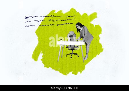 Grafica di tendenza composita schizzo immagine collage di donna anziana Office manager formalwear lavoro boss tavolo da lavoro poltrona per laptop donna d'affari. Foto Stock