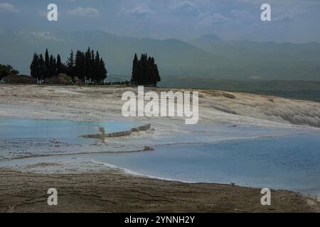 Le terrazze di travertino di Pamukkale sono lasciate da acqua termale che scorre, creando piscine termali naturali calde e alcune artificiali. Foto Stock