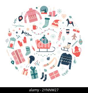 Composizione rotonda di elementi natalizi, tra cui slitta, maglioni, regali e ornamenti. Illustrazione vettoriale professionale per le festività e i progetti stagionali. Illustrazione Vettoriale