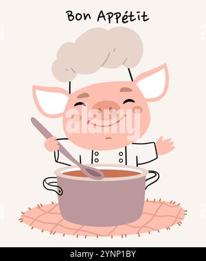 Il simpatico cuoco di maiale nel cappello di uno chef cuoce la zuppa. Illustrazione in stile scandinavo. Testo bon appetit. Illustrazione Vettoriale