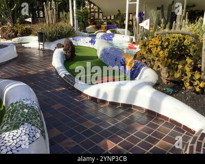 Un percorso tortuoso caratterizzato da colori vibranti e motivi a mosaico unici scorre attraverso un lussureggiante giardino pieno di varie piante. Questo tranquillo invit spaziale Foto Stock