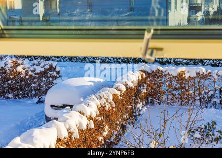 Vista attraverso una finestra aperta di auto coperte di neve e siepi sotto la luce del sole, nella zona residenziale invernale. Svezia. Foto Stock