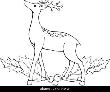 Il cervo di Natale e le foglie di agrifoglio con i frutti di bosco. Set elegante inchiostro isolato invernale. Ideale per l'arredamento di Capodanno e Natale, biglietti d'auguri, cartolina, simbolo Illustrazione Vettoriale