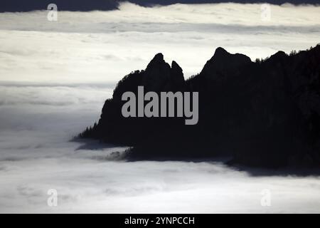 La strega addormentata in un letto di nuvole, sagoma delle torri Rotofen sopra una coperta chiusa di nebbia, Lattengebirge, Alpi Berchtesgaden, alta Baviera Foto Stock